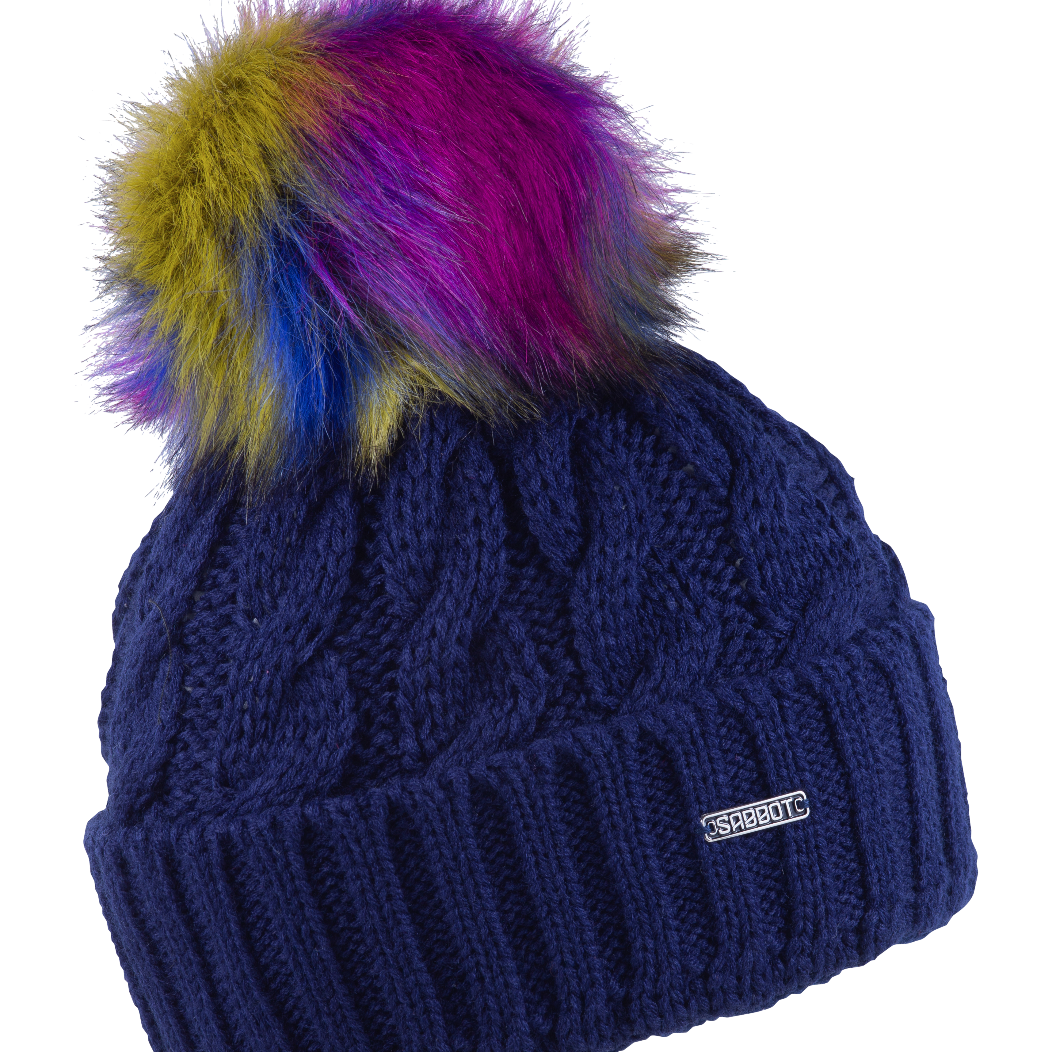 Linda Rainbow cable knit bobble hat in Navy Blue with rainbow faux fur pom pom, by Sabbot