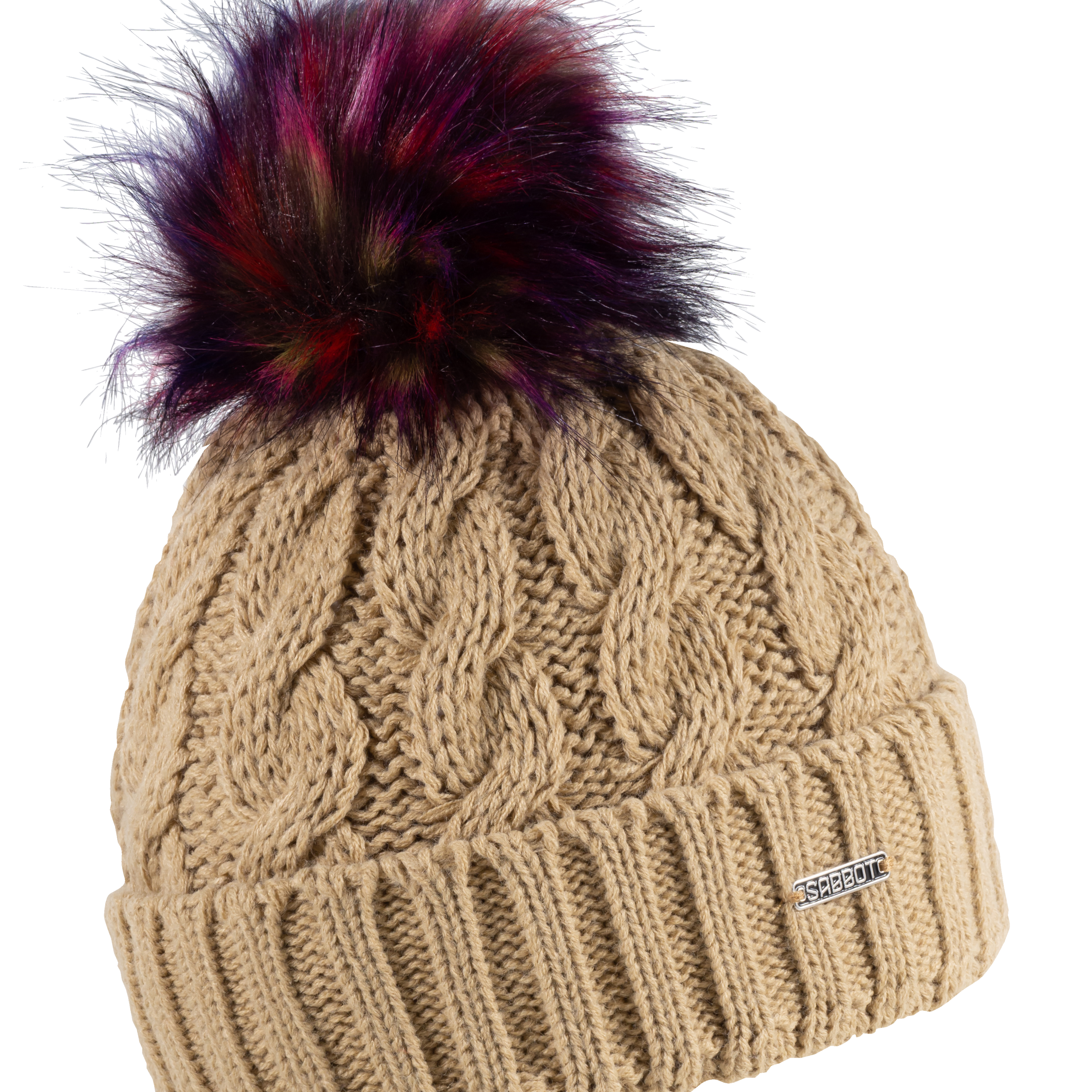 Linda Rainbow cable knit bobble hat in Brown with rainbow faux fur pom pom, by Sabbot