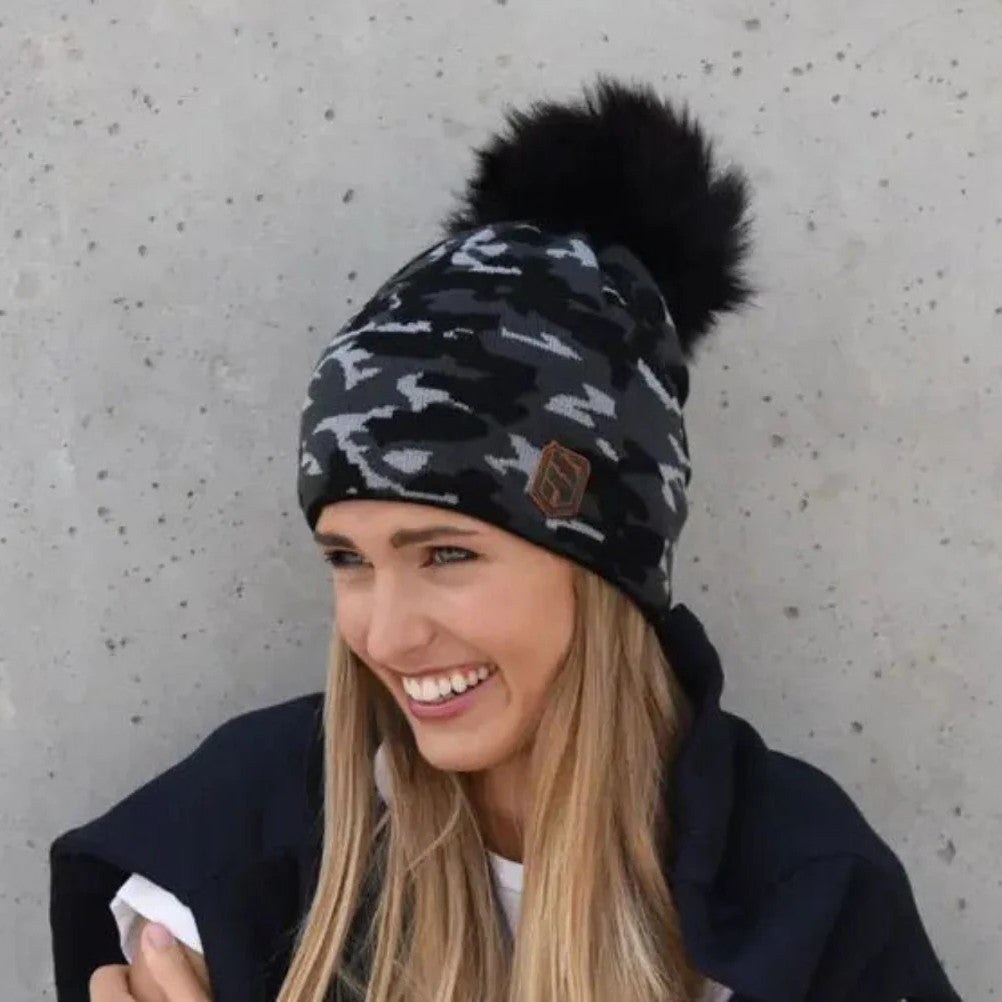 Calli camo knit bobble hat with faux fur pom pom, by Sabbot