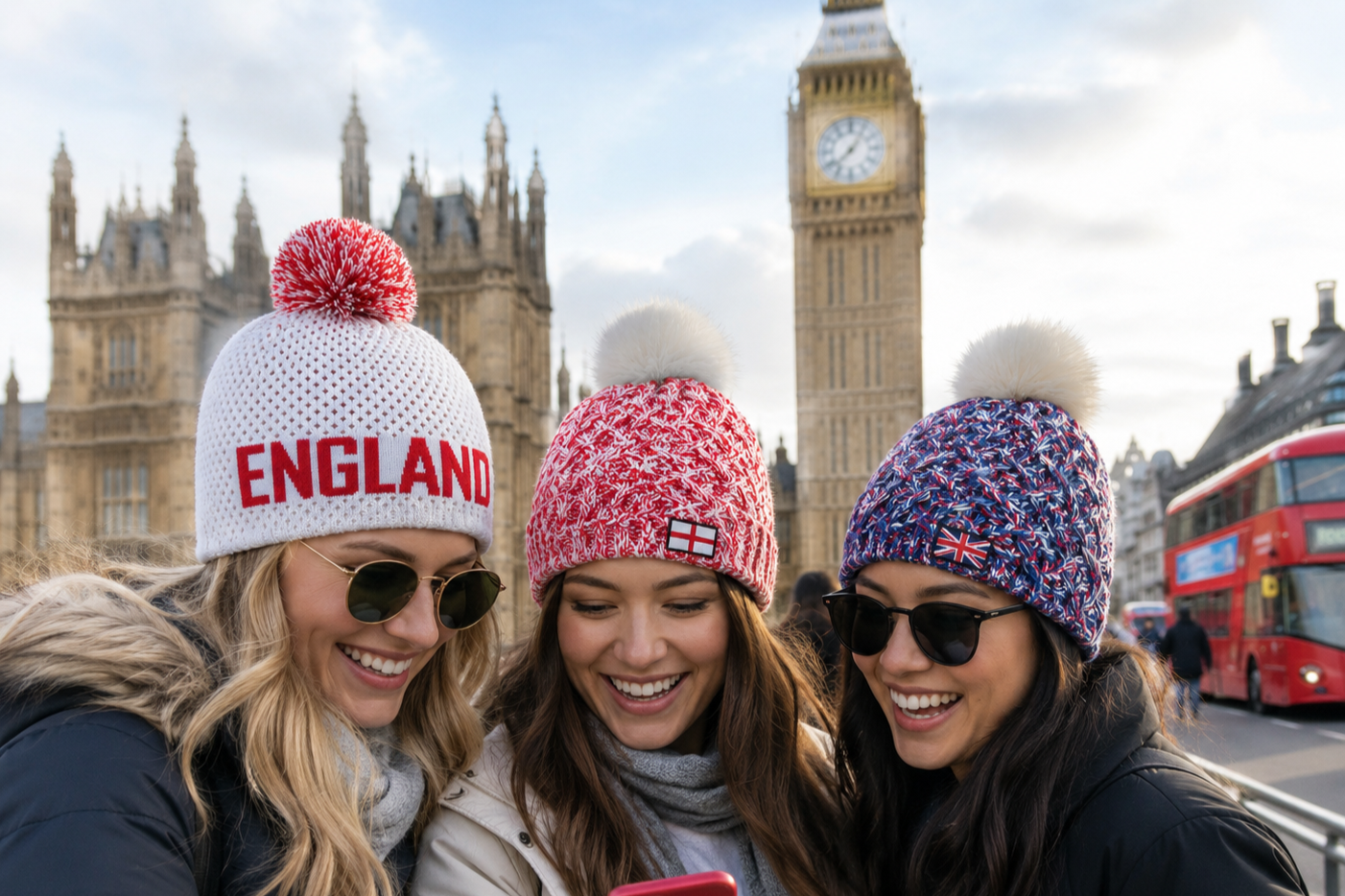 Sabbot Headwear Three women wearing winter hats with British flags in front of Big Ben and a red double-decker bus Sabbot Headwear