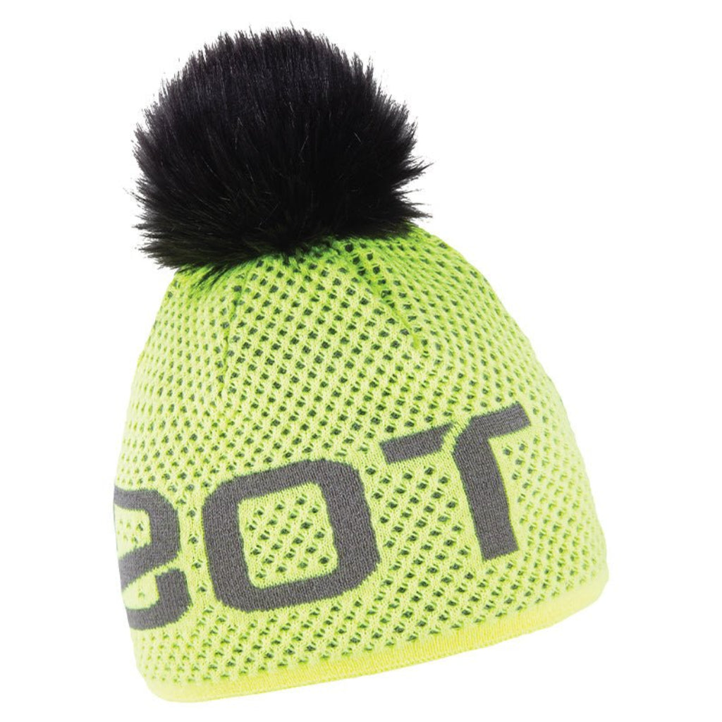 SABBOT neon logo bobble hat with black faux fur pom pom, by Sabbot