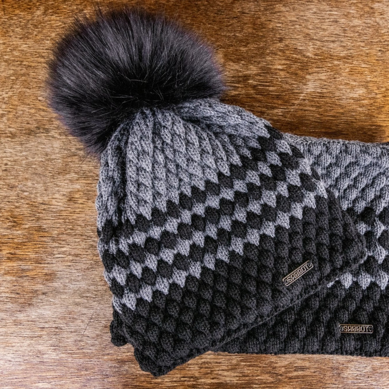 SABBOT Chloe bubble knit bobble hat and matching snood gift set in Black/Grey