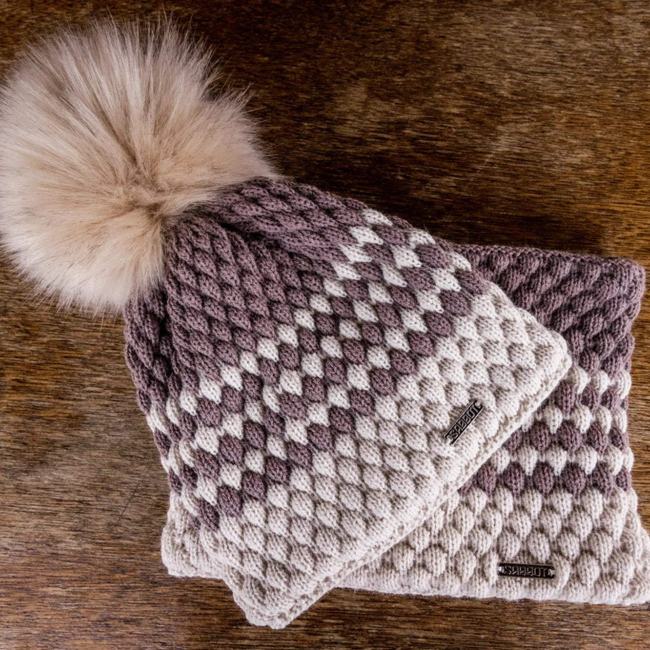 SABBOT Chloe bubble knit bobble hat and matching snood gift set in Brown/Cream