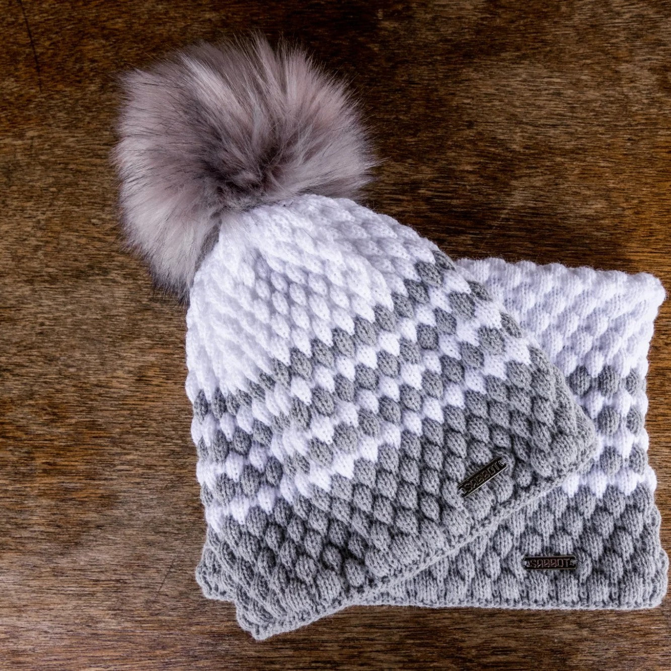 SABBOT Chloe bubble knit bobble hat and matching snood gift set in Grey/White