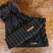 SABBOT Linda cable knit bobble hat and matching snood gift set in Black