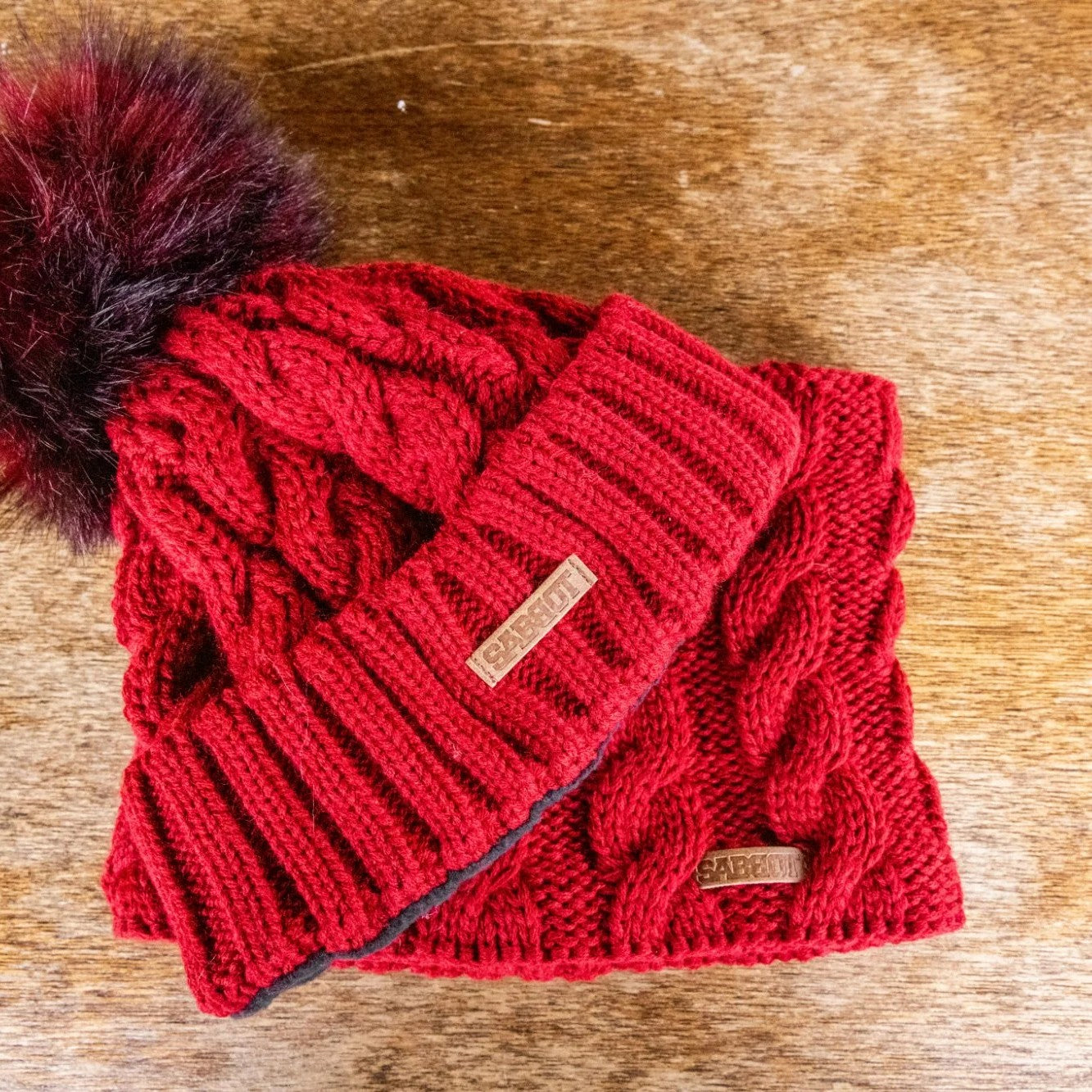 SABBOT Linda cable knit bobble hat and matching snood gift set in Burgundy