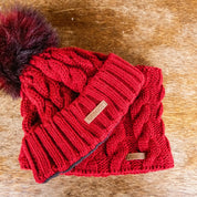 SABBOT Linda cable knit bobble hat and matching snood gift set in Burgundy