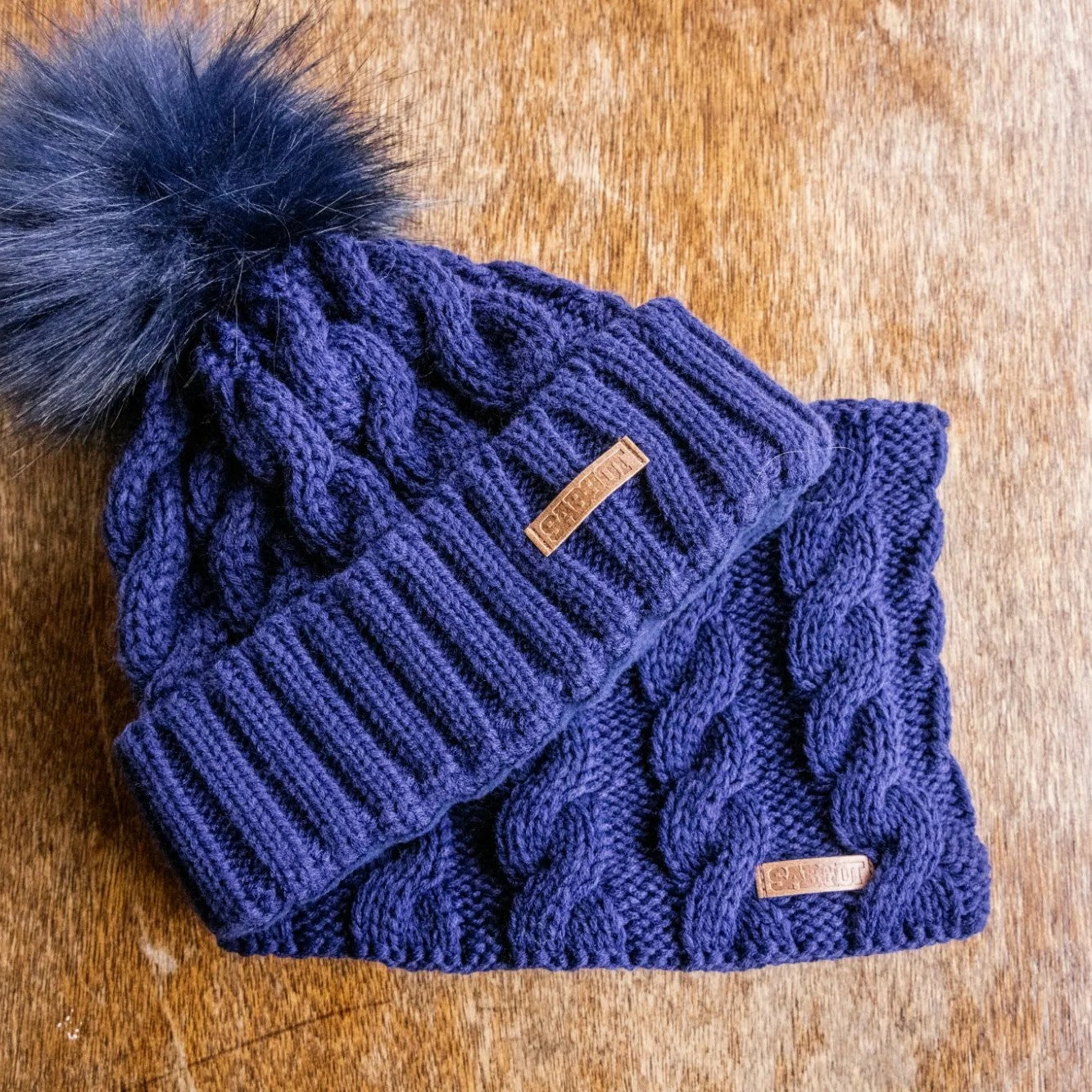 SABBOT Linda cable knit bobble hat and matching snood gift set in Navy Blue