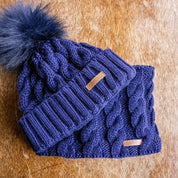 SABBOT Linda cable knit bobble hat and matching snood gift set in Navy Blue