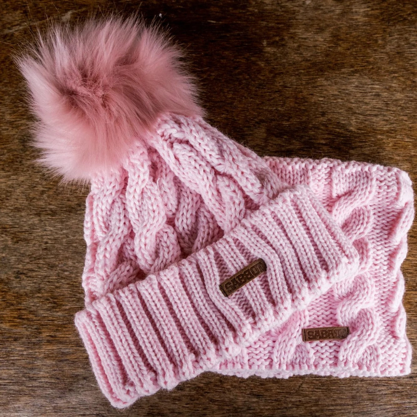 SABBOT Linda cable knit bobble hat and matching snood gift set in Pink