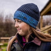 Two women in marl-cuff beanies on cabin steps wearing the Morgan Beanie in Blue Camo