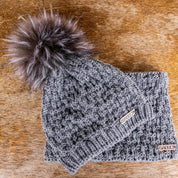 SABBOT Petra overlap knit bobble hat and matching snood gift set in Dark Grey