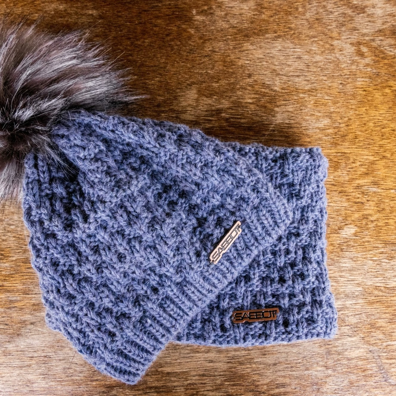 SABBOT Petra overlap knit bobble hat and matching snood gift set in Denim Blue