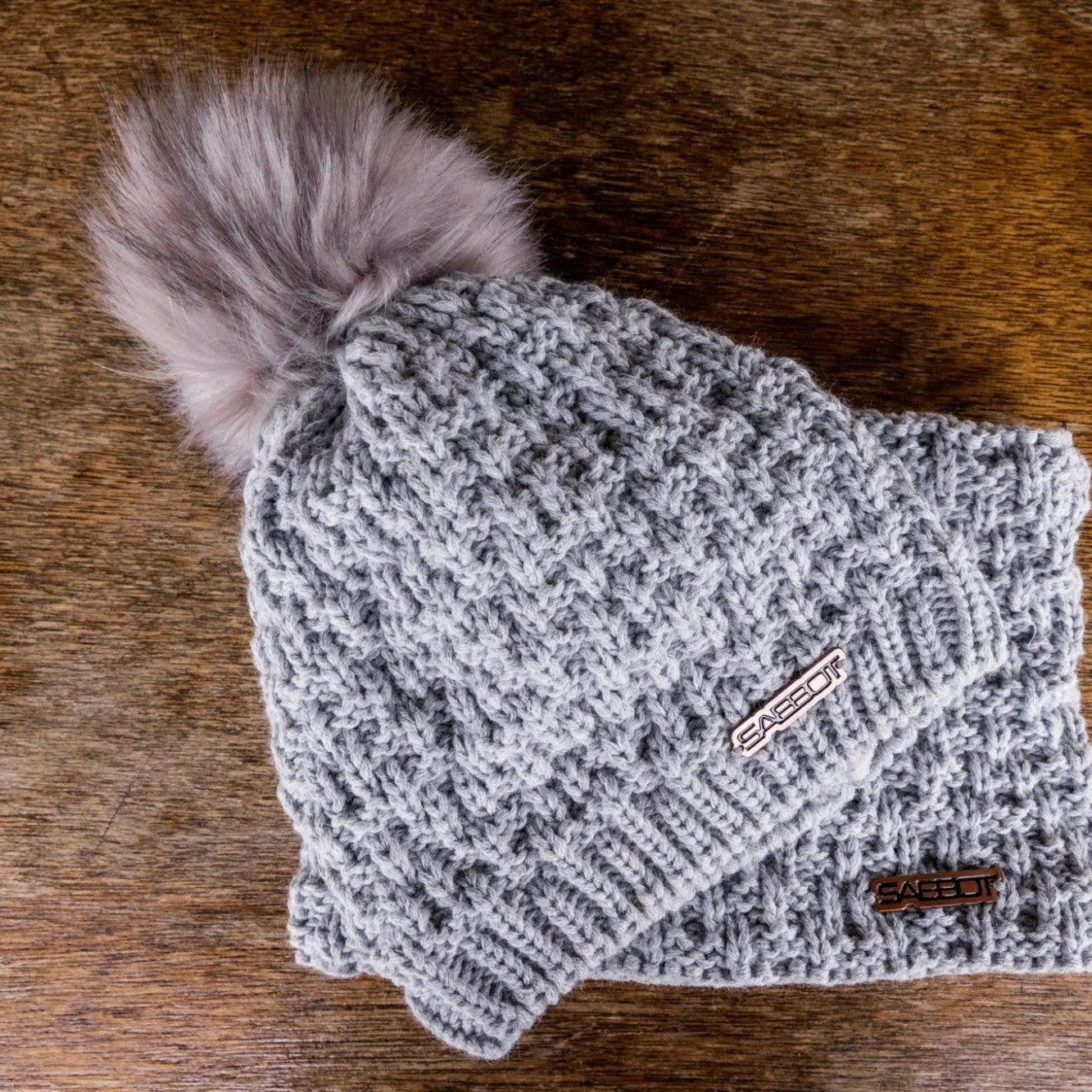 SABBOT Petra overlap knit bobble hat and matching snood gift set in Light Grey