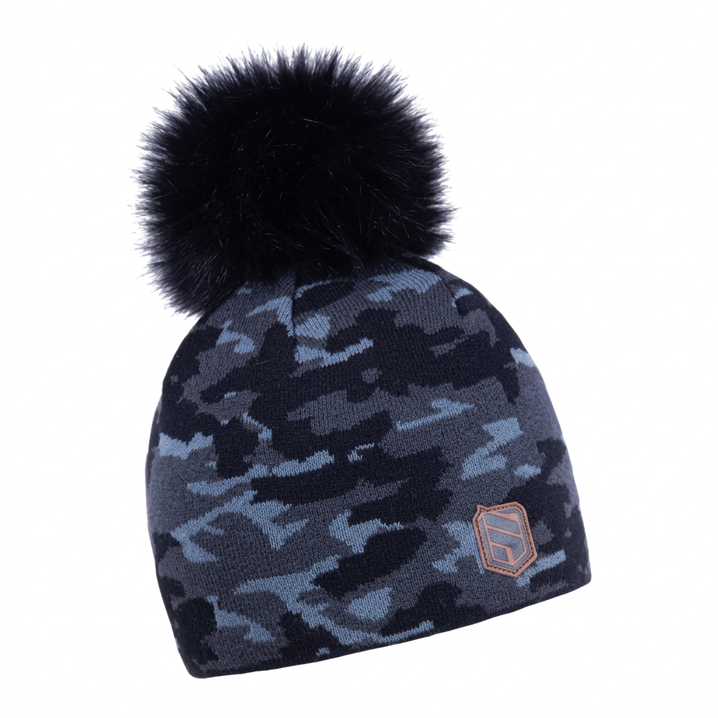 Calli camo knit bobble hat with faux fur pom pom, by Sabbot