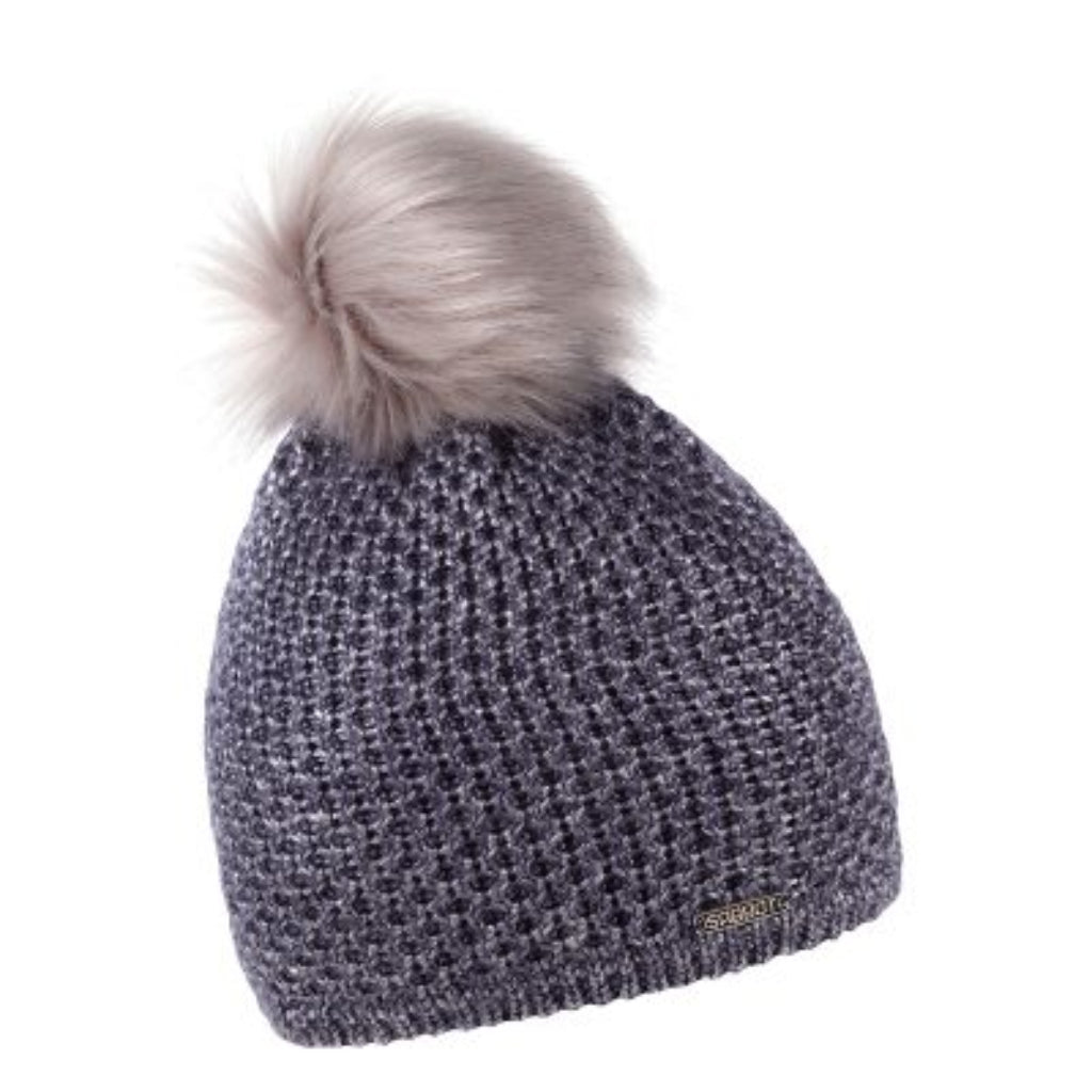 Radka women's shimmer knit bobble hat with faux fur pom pom, by Sabbot
